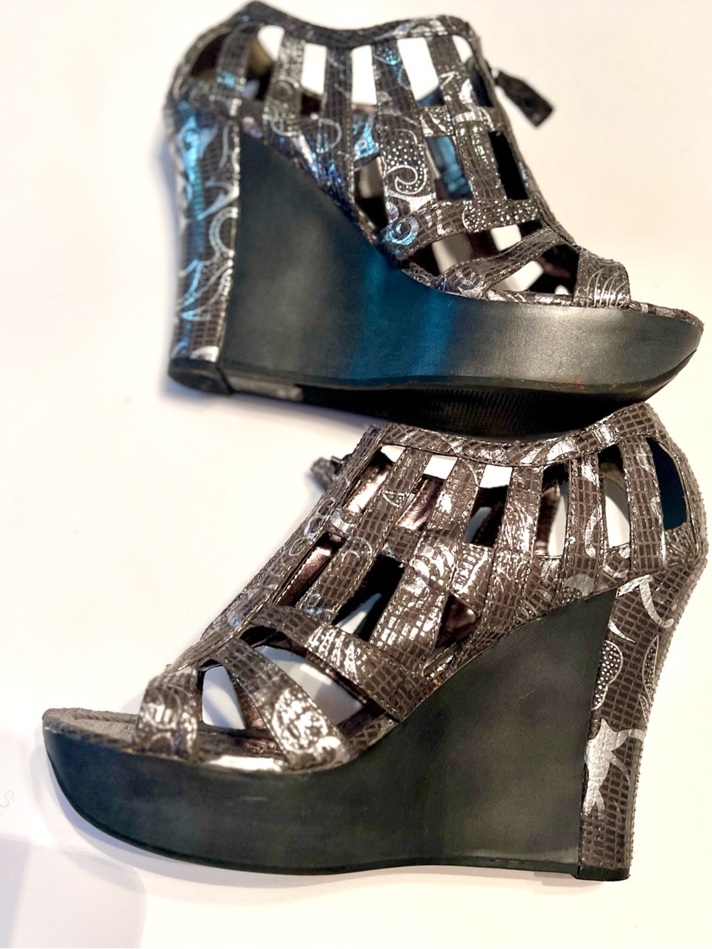 Nadara Metallic Gunmetal Cutout Wedge Sandals